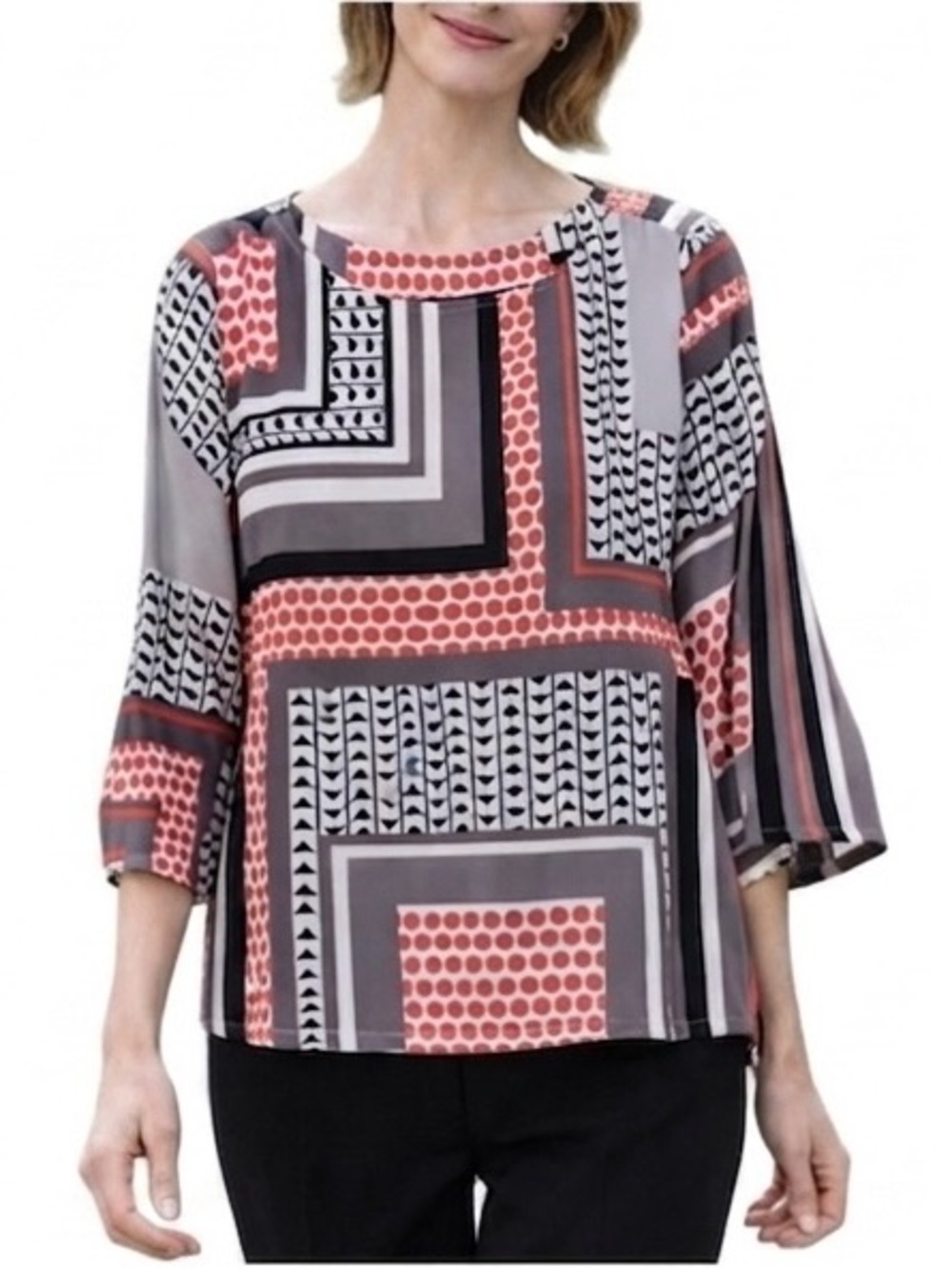 Ellen Tracy Multi Color Geometric Print Top Sz Med